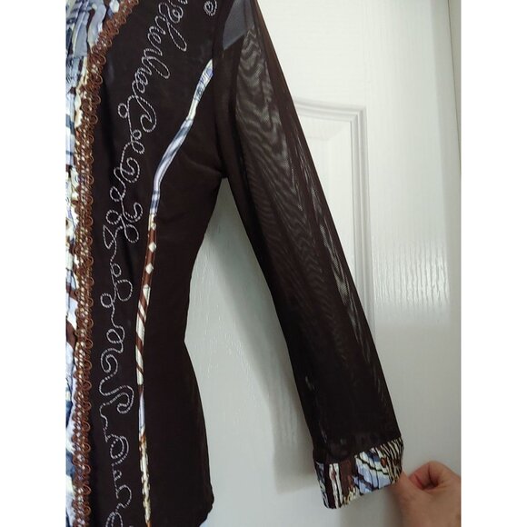 Alberto Makali Womens Artsy Pleated Sheer Mesh Sleeves Embroidered L Electic - Picture 9 of 13